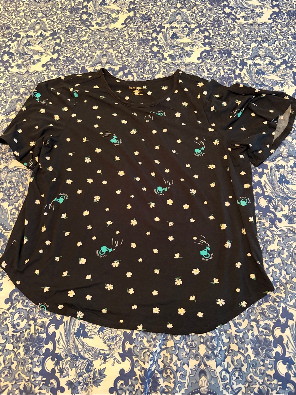kate spade Black Floral Cat Pajama Set with Teal Accents - Picture 2 of 7